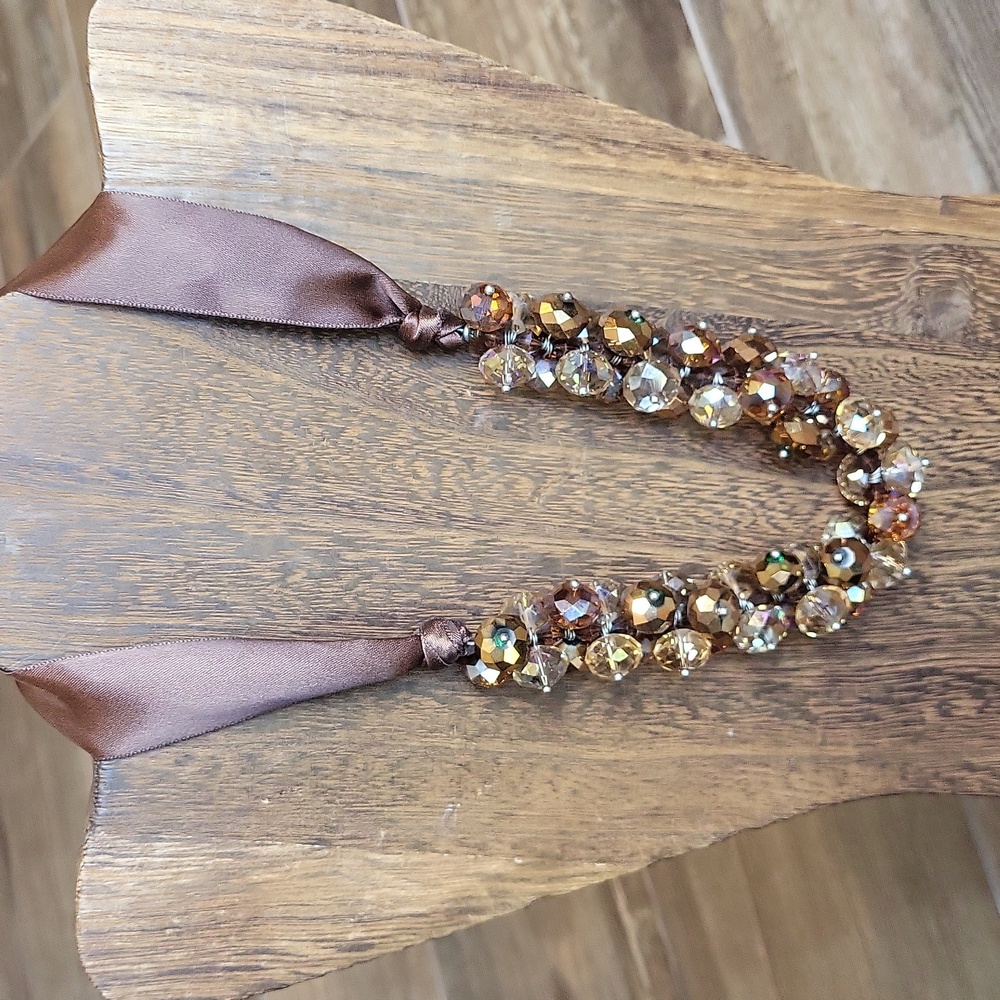 Ali Khan New York Brown Iridescent Beaded Satin Ribbon Necklace w/ Extender